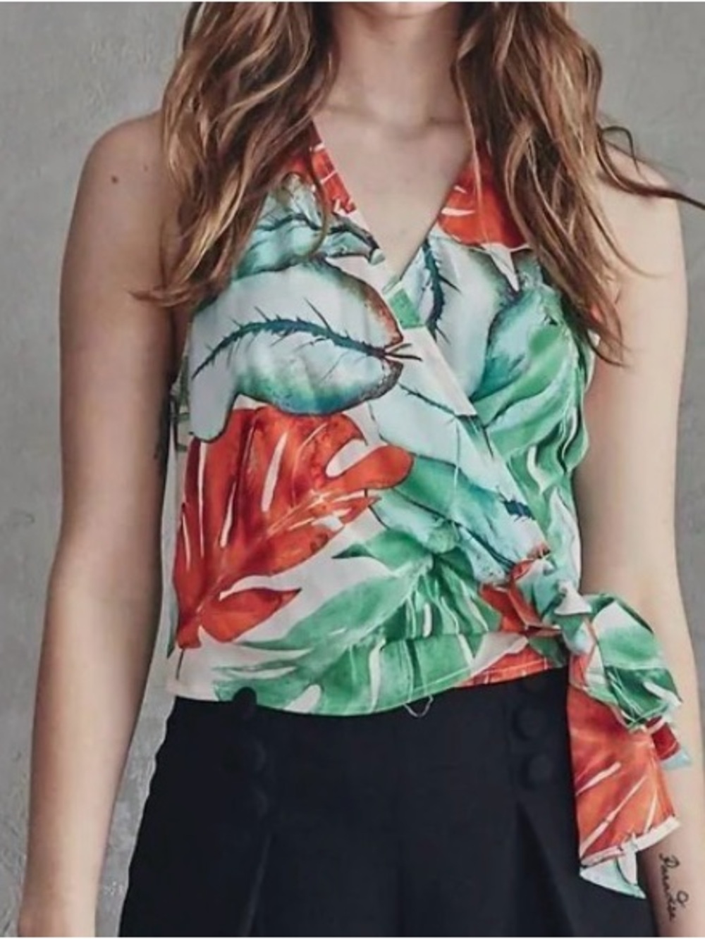 Do + Be Floral Wrap Tie Top Blouse Tropical Green Orange Beach Vacation Sz M